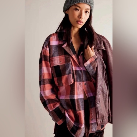 NWOT Free People We The Free Plaid Flannel Cargo Shirt Red Brick Combo - Picture 1 of 6